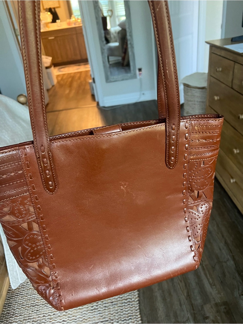 Fossil Brown Leather Tote Bag with Embossed Detail - Women